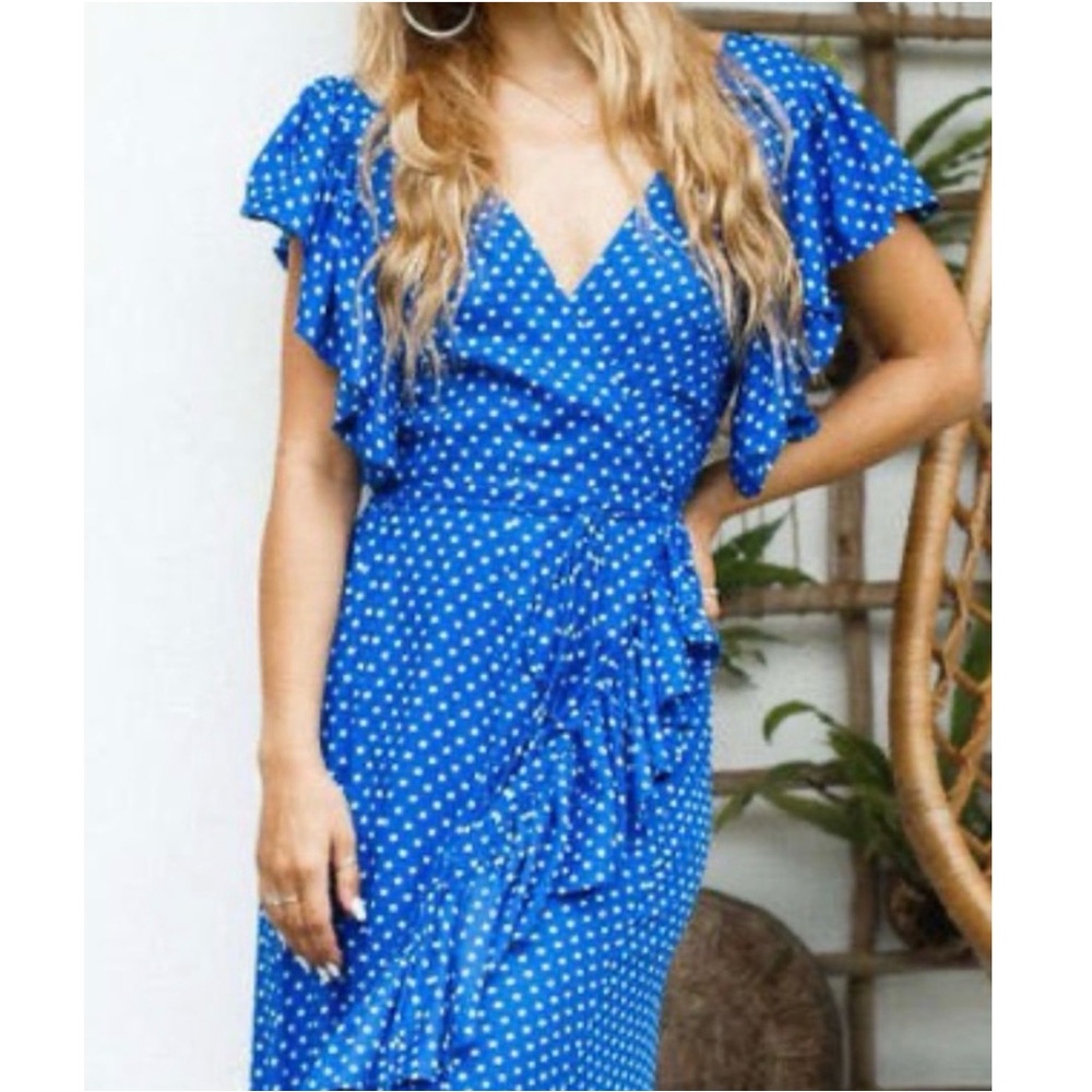 Bali ELF Blue Polka Dot Ruffle Carmen Wrap Maxi Dress